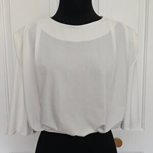 NWOT ZARA White Crew Neck Elastic Waist Shoulder Pad 3/4 Sleeve Top Small S